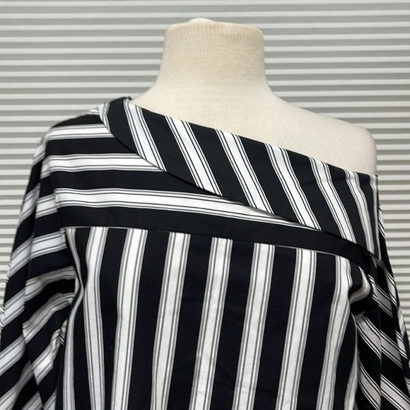 Topshop Black and White One Shoulder Popover Long Bow Tie Sleeve Top - Picture 6 of 13